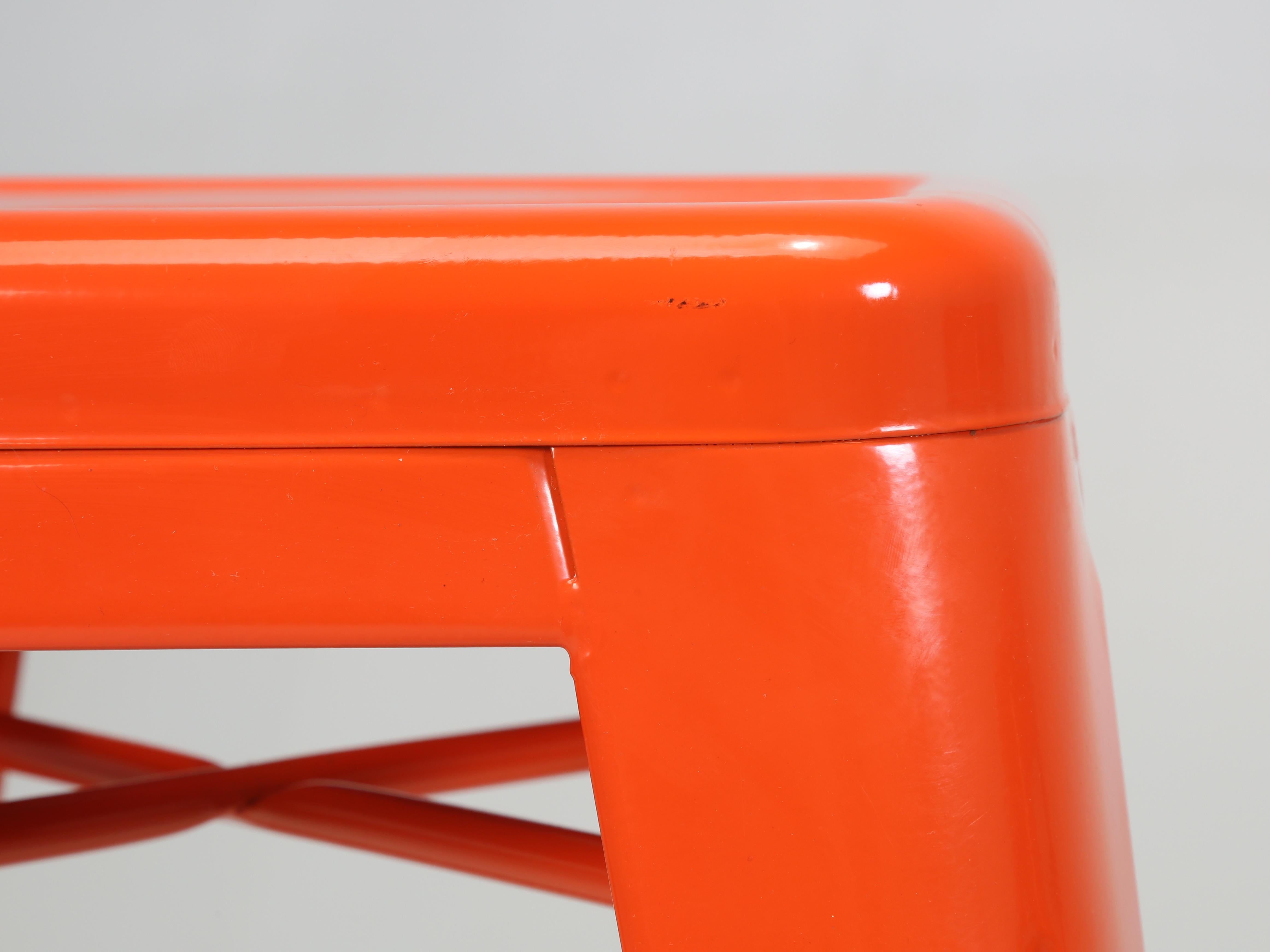 Contemporary Authentic French Tolix Set 3 Orange Counter Height Stools More Colors Available For Sale