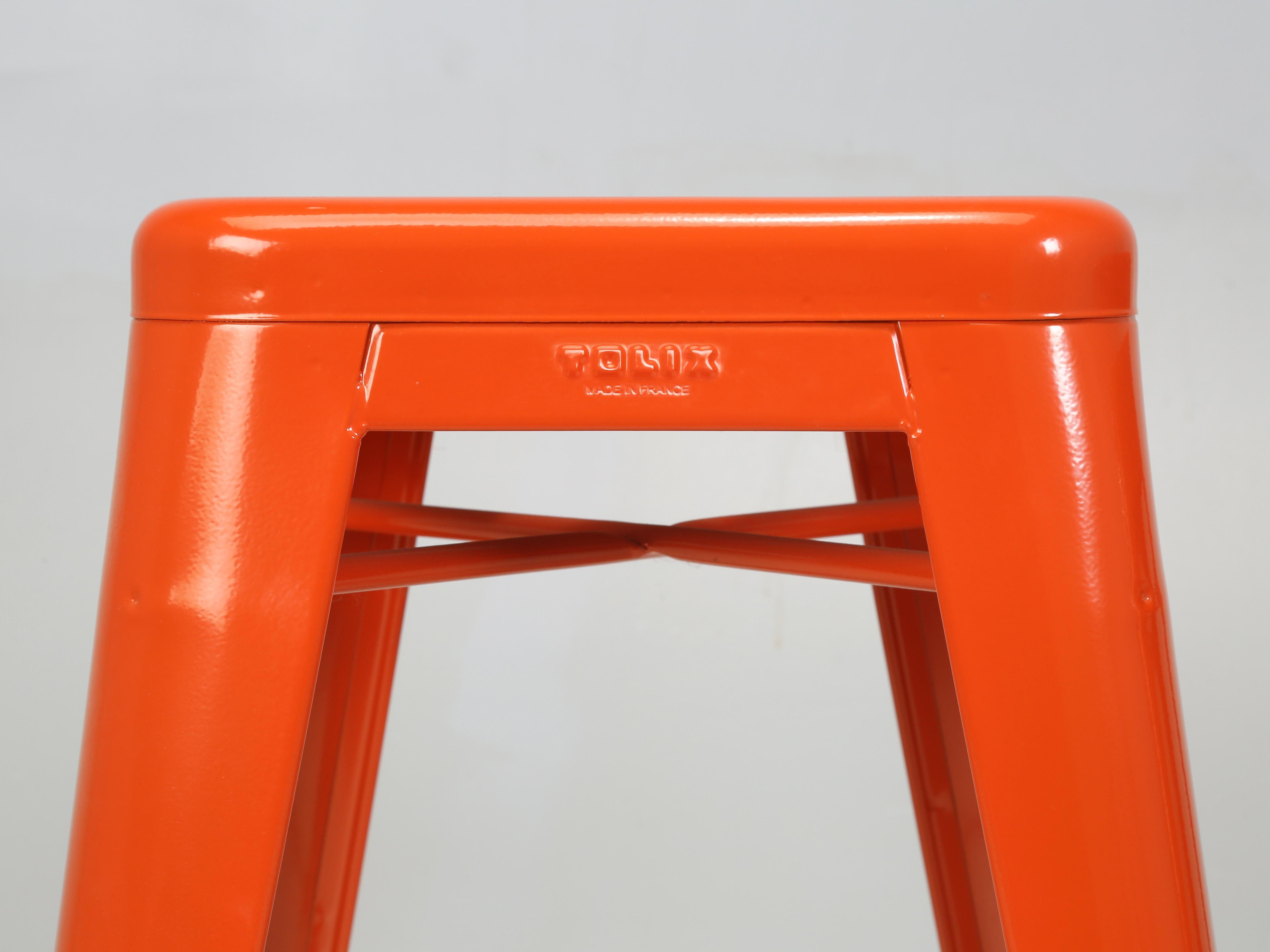 Steel Authentic French Tolix Set 3 Orange Counter Height Stools More Colors Available For Sale