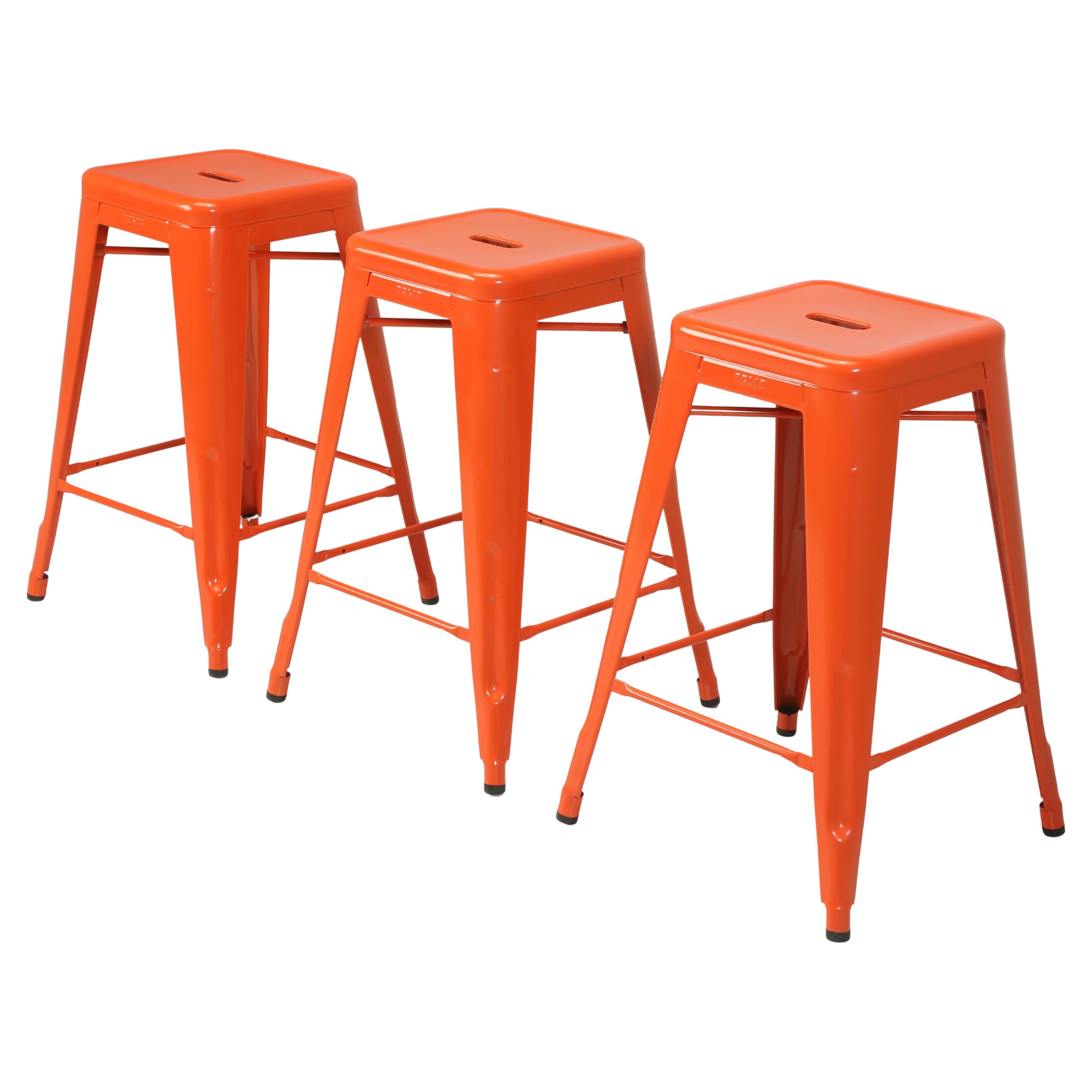 Authentic French Tolix Set 3 Orange Counter Height Stools More Colors Available For Sale