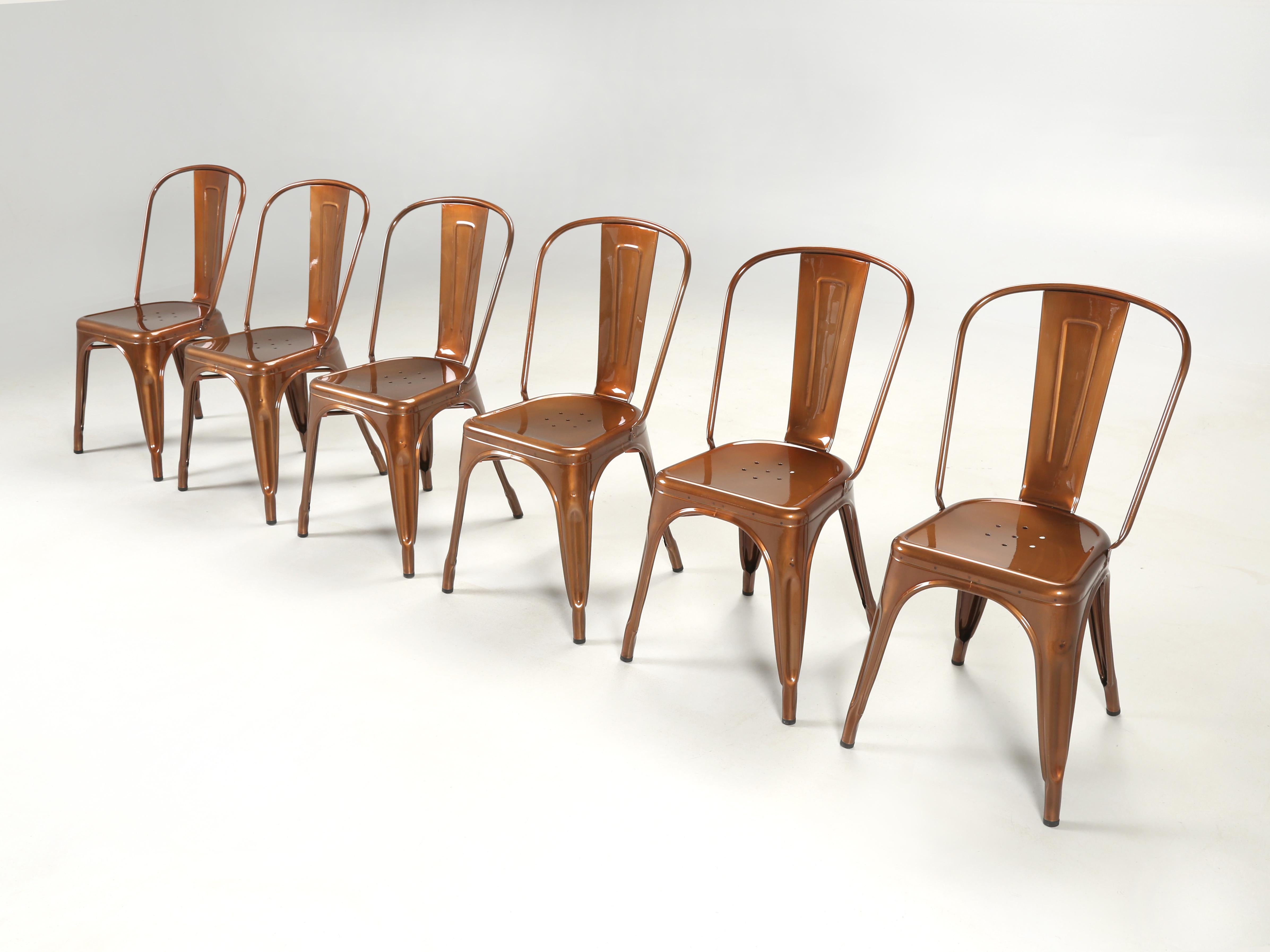Genuine set of (6) Tolix steel stacking chairs in a beautiful and most unusual copper metallic colour. Currently, we have over (1500) pieces of authentic Tolix chairs, stools and dining tables in stock. Our Old Plank inventory has both, vintage