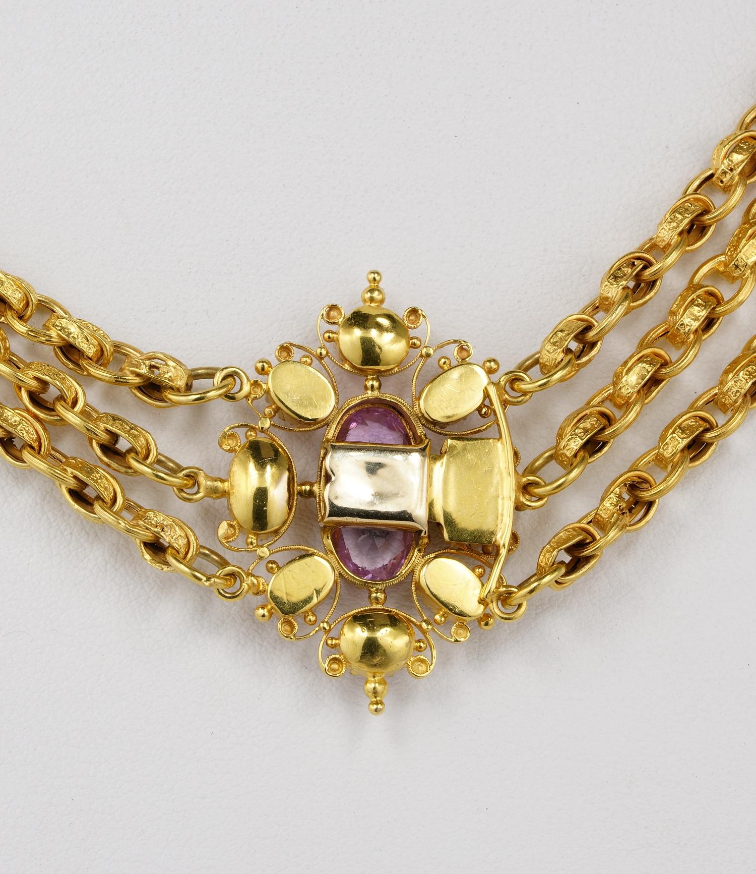 Authentic Georgian Multi Chain Pink Topaz Precious Rare Canetille Necklace For Sale 4