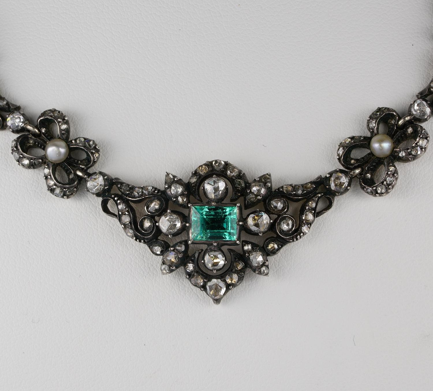 Authentic Georgian Rare Diamond and Emerald Stunning Necklace In Good Condition In Napoli, IT