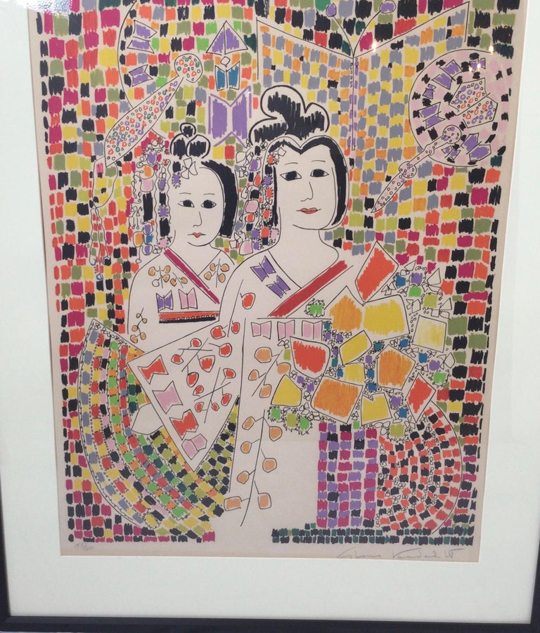 Authentic Signed Gloria Vanderbilt Lithograph, titled Two Japanese, numbered 155 out of 300. Framed in a matt black frame under UV glass, with white matt.
