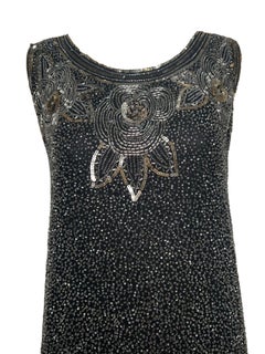 Authentic Gold, Silver Cotton Beaded and Sequined Black Shift Dress, 1920s