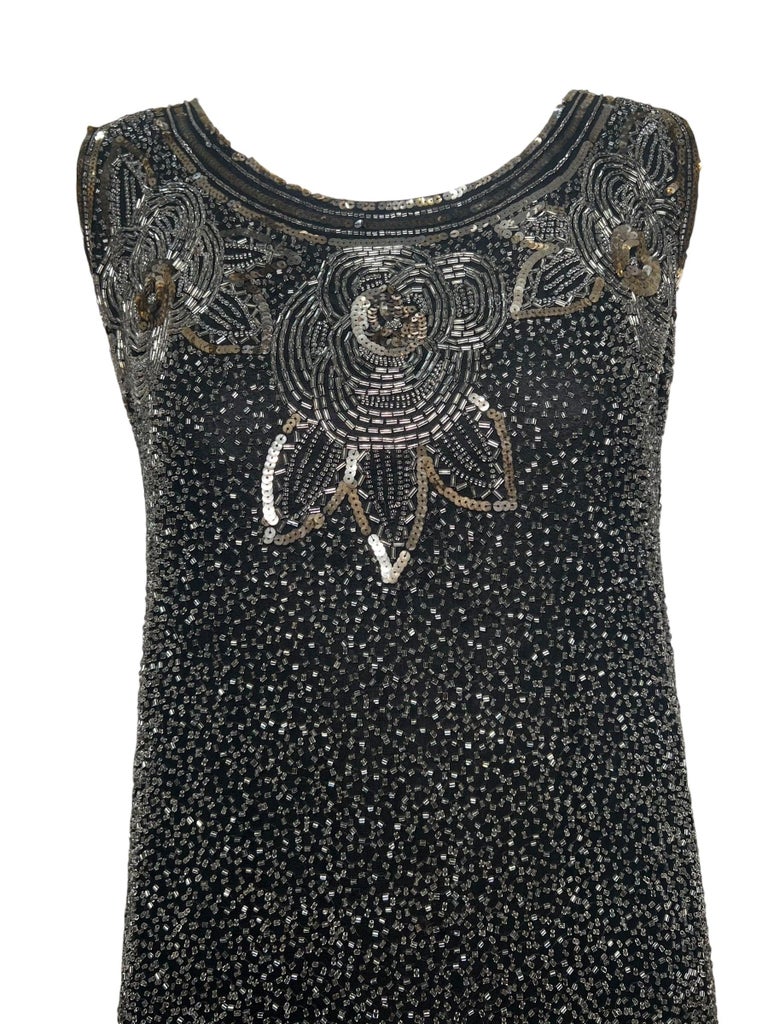 Authentic Gold, Silver Cotton Beaded And Sequined Black Shift Dress, 1920s
