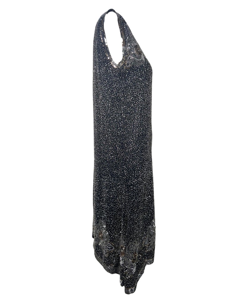 Authentic Gold, Silver Cotton Beaded And Sequined Black Shift Dress, 1920s Authentic Gold, Silver Cotton Beaded And Sequined Black Shift Dress, 1920s