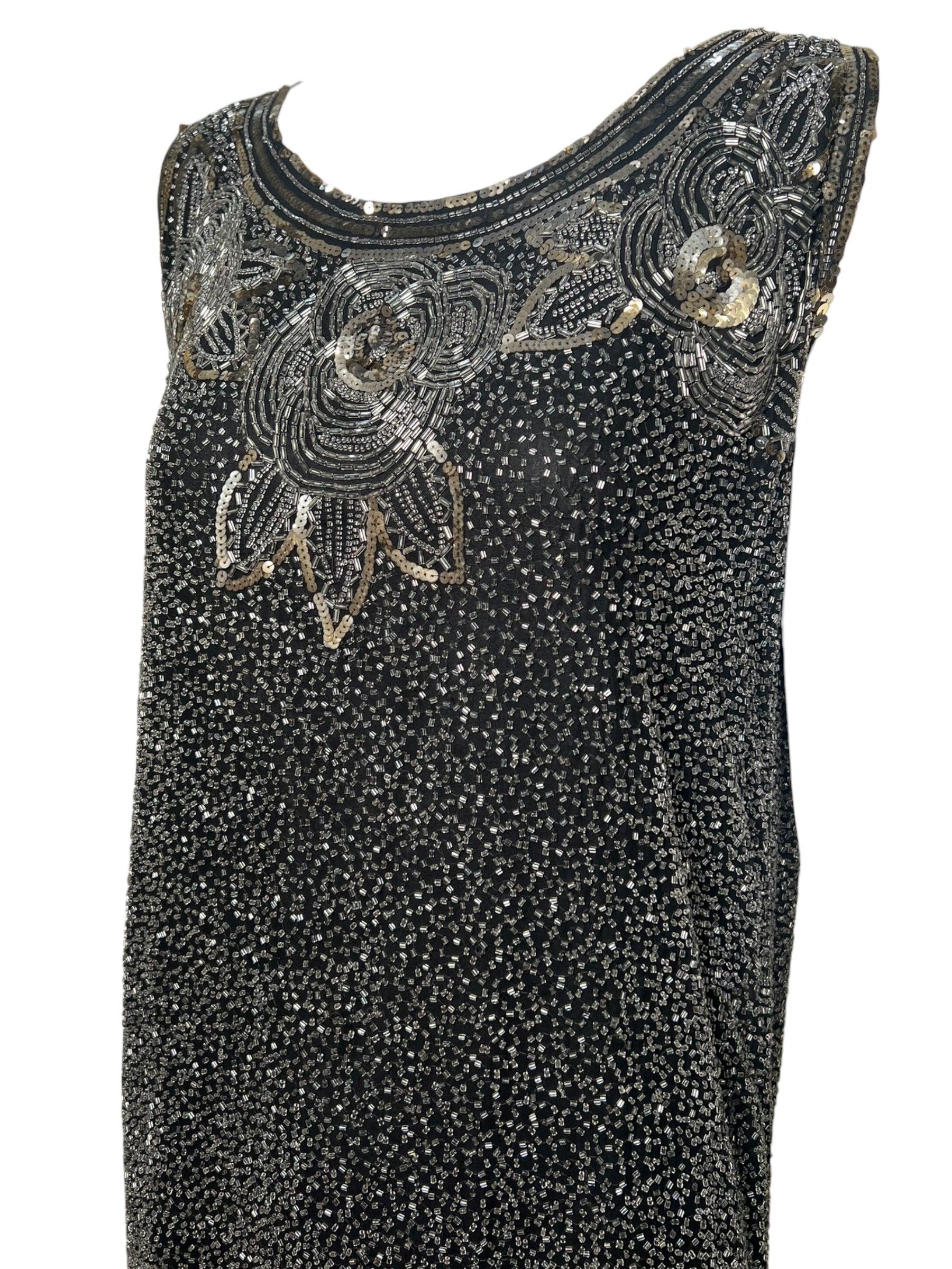 Women's Authentic Gold, Silver Cotton Beaded and Sequined Black Shift Dress, 1920s For Sale