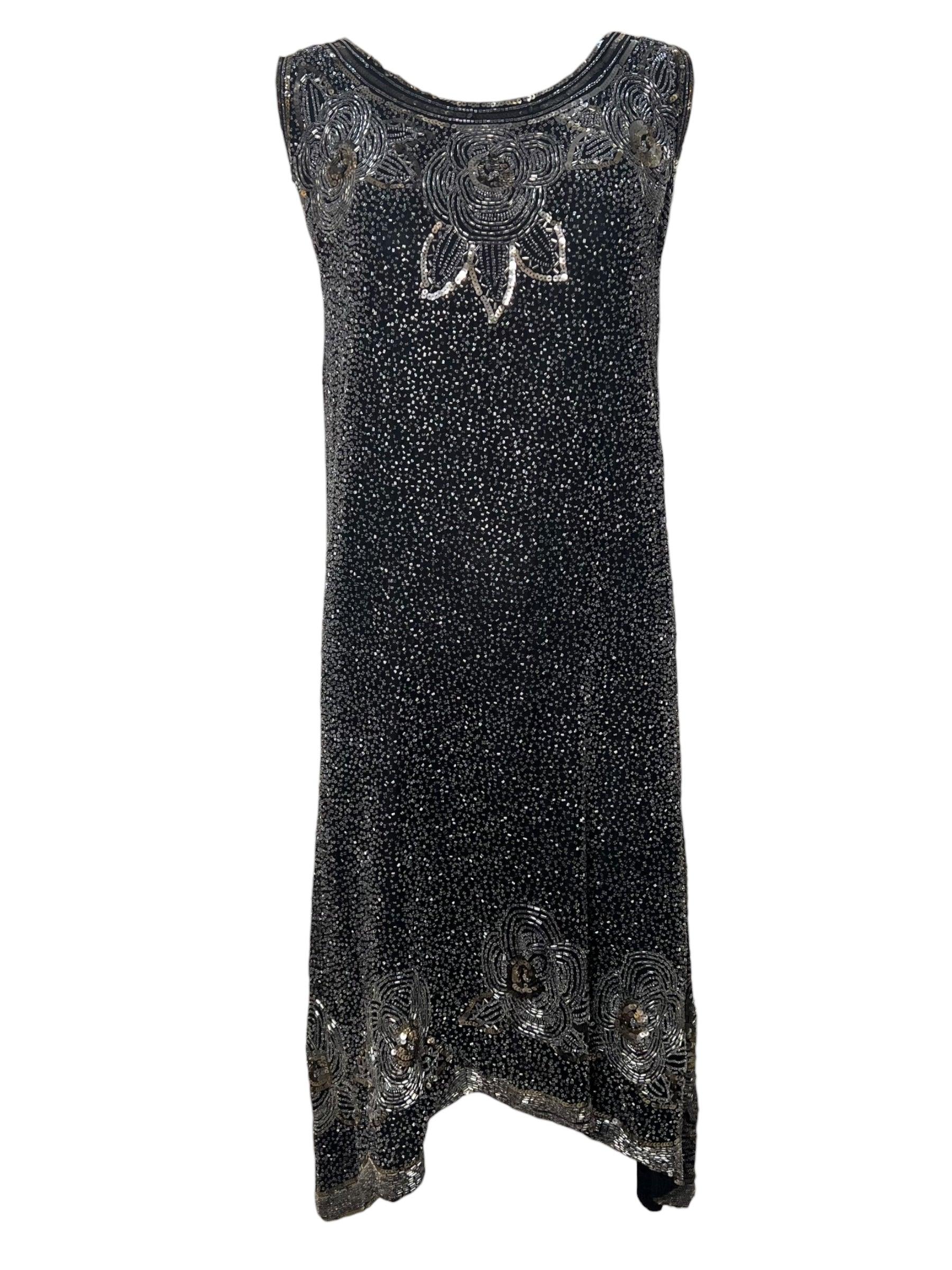 Authentic Gold, Silver Cotton Beaded and Sequined Black Shift Dress, 1920s For Sale