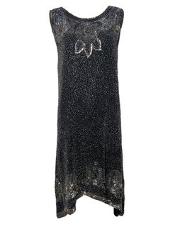 Antique Authentic Gold, Silver Cotton Beaded and Sequined Black Shift Dress, 1920s
