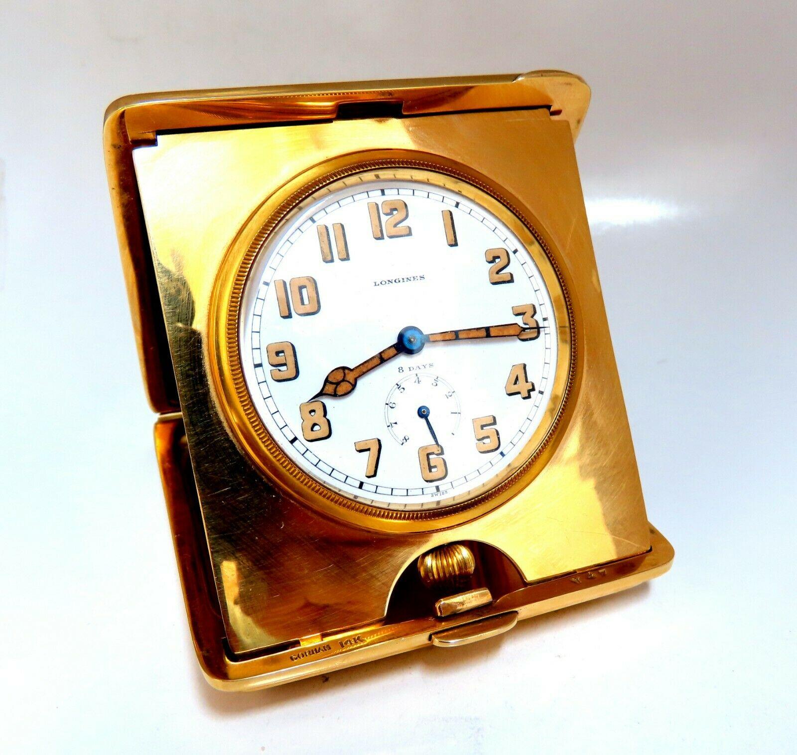 Authentique horloge de voyage Gorham for Longines pliante de 8 jours en or 14 carats avec réserve d'énergie en vente 7