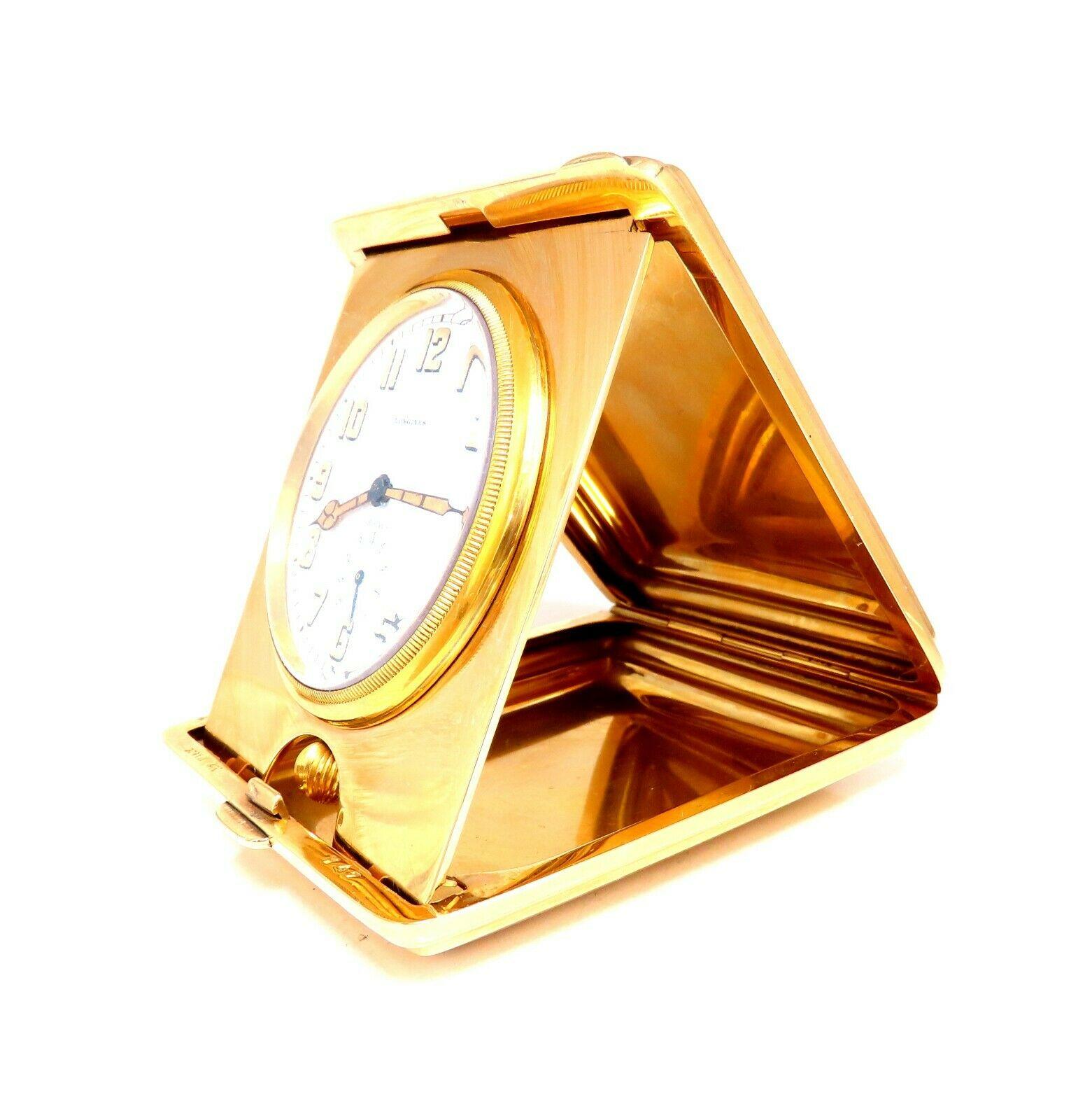 Authentique horloge de voyage Gorham for Longines pliante de 8 jours en or 14 carats avec réserve d'énergie en vente 8