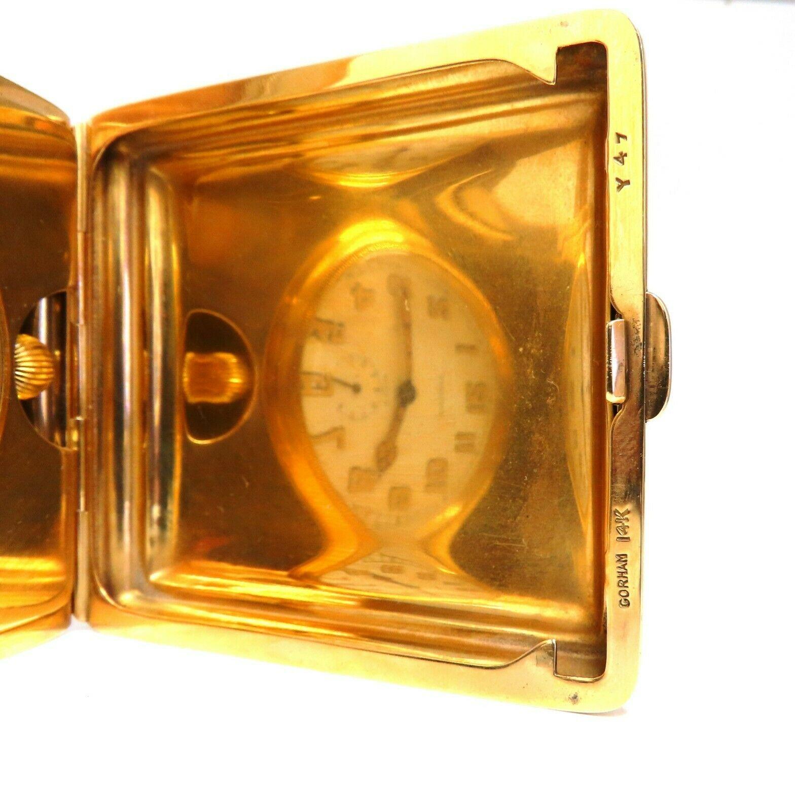 Authentique horloge de voyage Gorham for Longines pliante de 8 jours en or 14 carats avec réserve d'énergie en vente 2