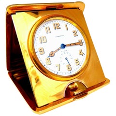 Authentique horloge de voyage Gorham for Longines pliante de 8 jours en or 14 carats avec réserve d'énergie