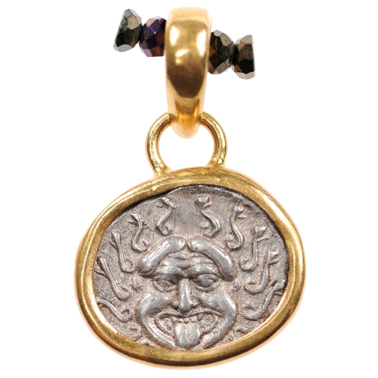 Authentic Greek Apollonia Pontika AR Drachm Coin & 22-Karat Gold Custom Pendant For Sale