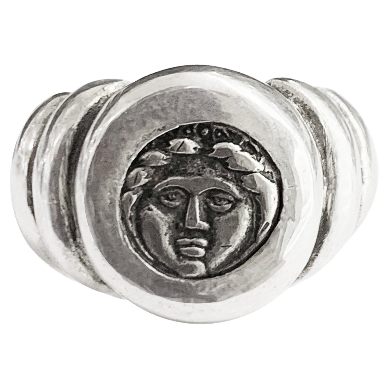 Authentic Greek coin 4th Cent. BC Silver Ring depicting God Apollo For Sale