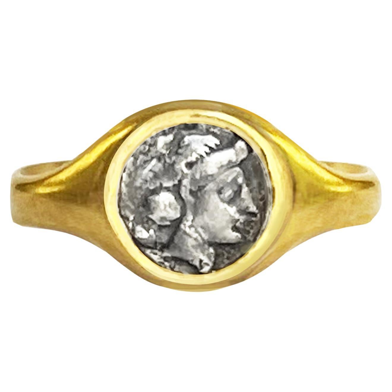 Authentic Greek Coin '4th Century B.C.' Gold Ring Depicting the Head of Venus For Sale