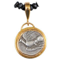 Authentic Greek Hemi-Drachm Silver Dove/Chimaera Coin in 22-Karat Gold Pendant