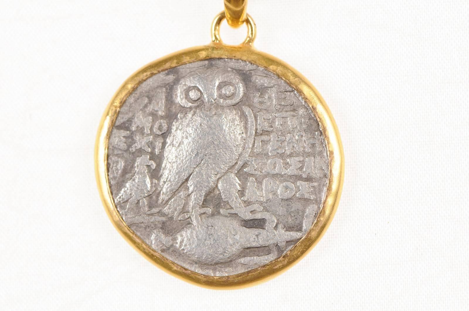 Authentic Greek Tetradrachm Owl Coin Set in 22-Karat Gold Necklace Bezel In Good Condition In Atlanta, GA