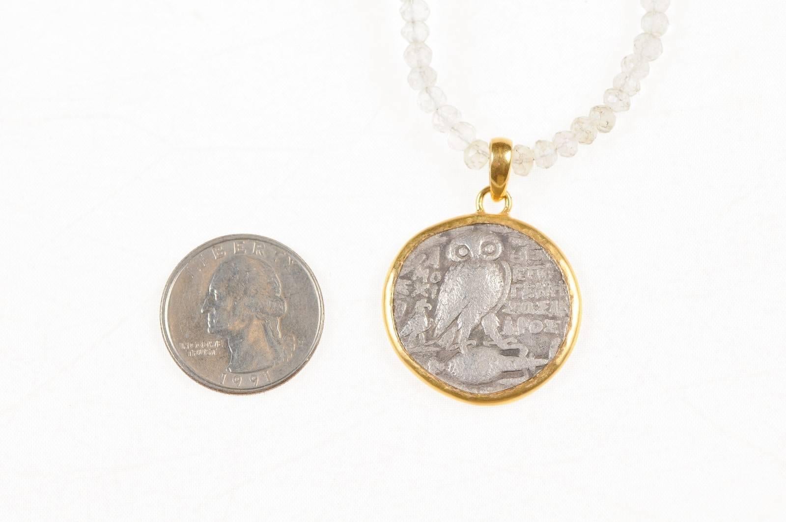 18th Century and Earlier Authentic Greek Tetradrachm Owl Coin Set in 22-Karat Gold Necklace Bezel