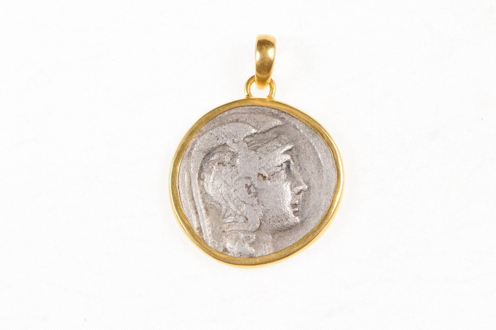Authentic Greek Tetradrachm Owl Coin Set in 22-Karat Gold Necklace Bezel 1