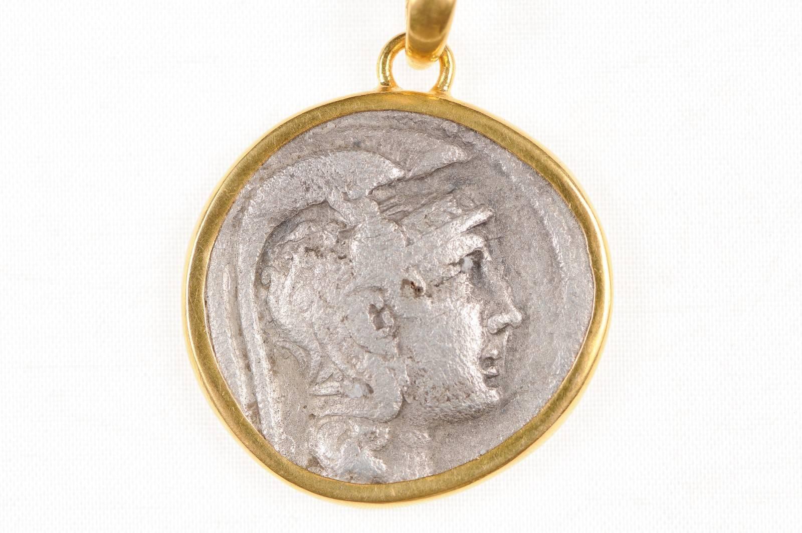 Authentic Greek Tetradrachm Owl Coin Set in 22-Karat Gold Necklace Bezel 3