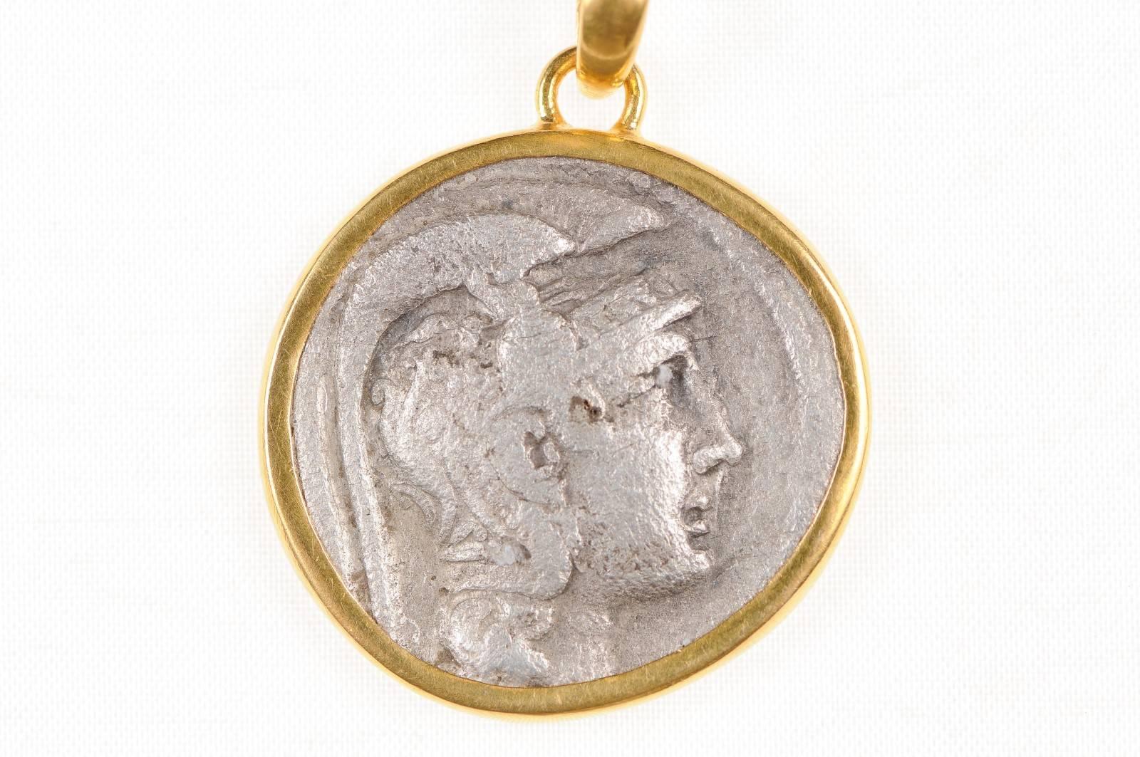 Authentique pièce grecque tétradrachme hibou sertie d'un collier à lunette en or 22 carats 1