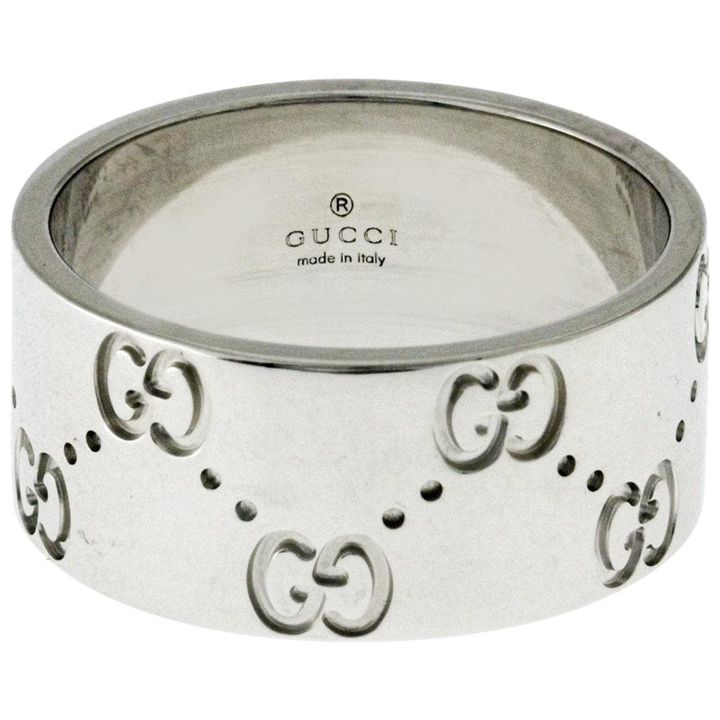 Authentic Gucci Icon Logo 18 Karat White Gold Wide Band Ring