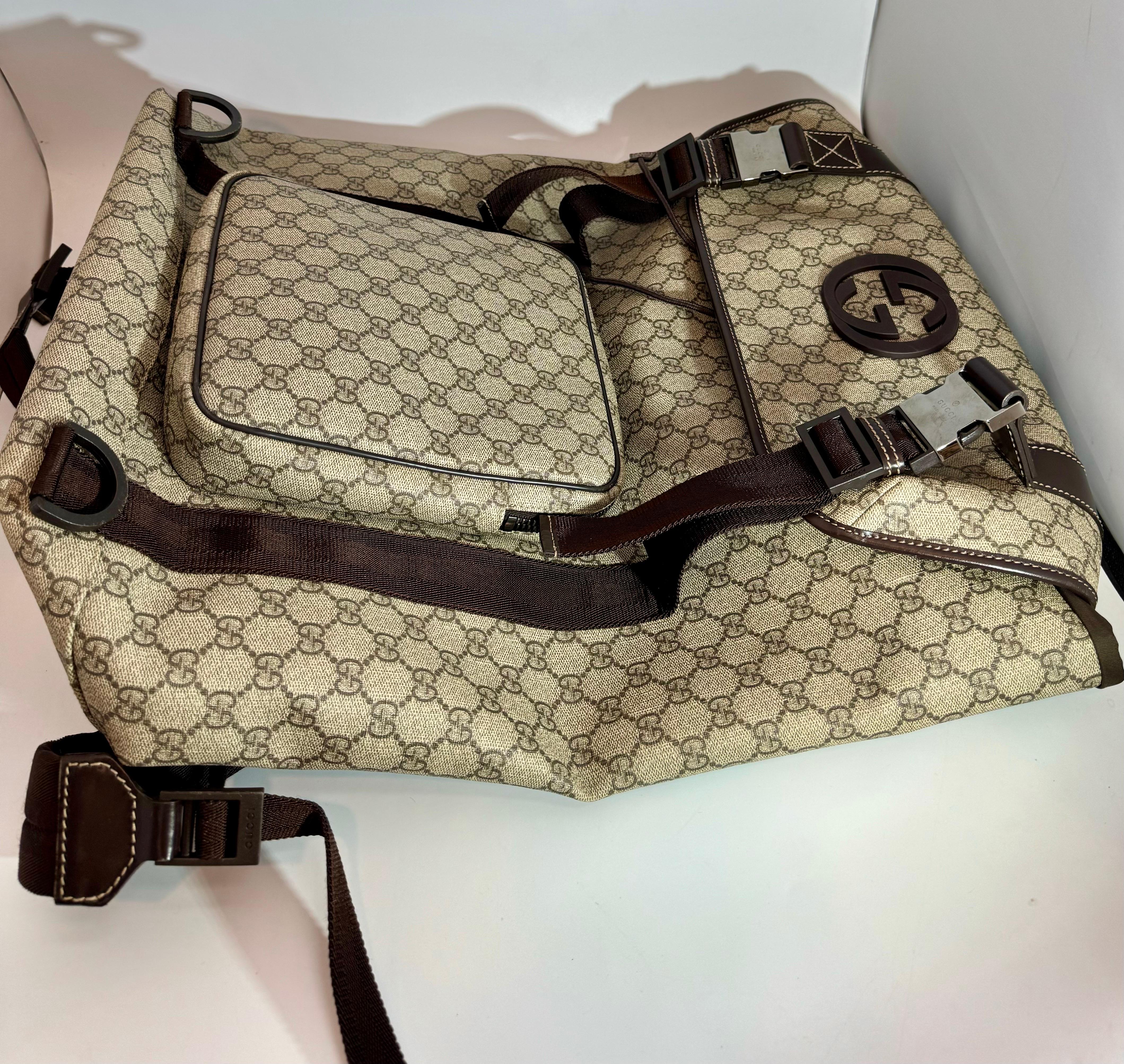 Authentic Gucci Silver GG Coated Canvas Interlocking G Supreme Large Backpack In New Condition For Sale In New York, NY