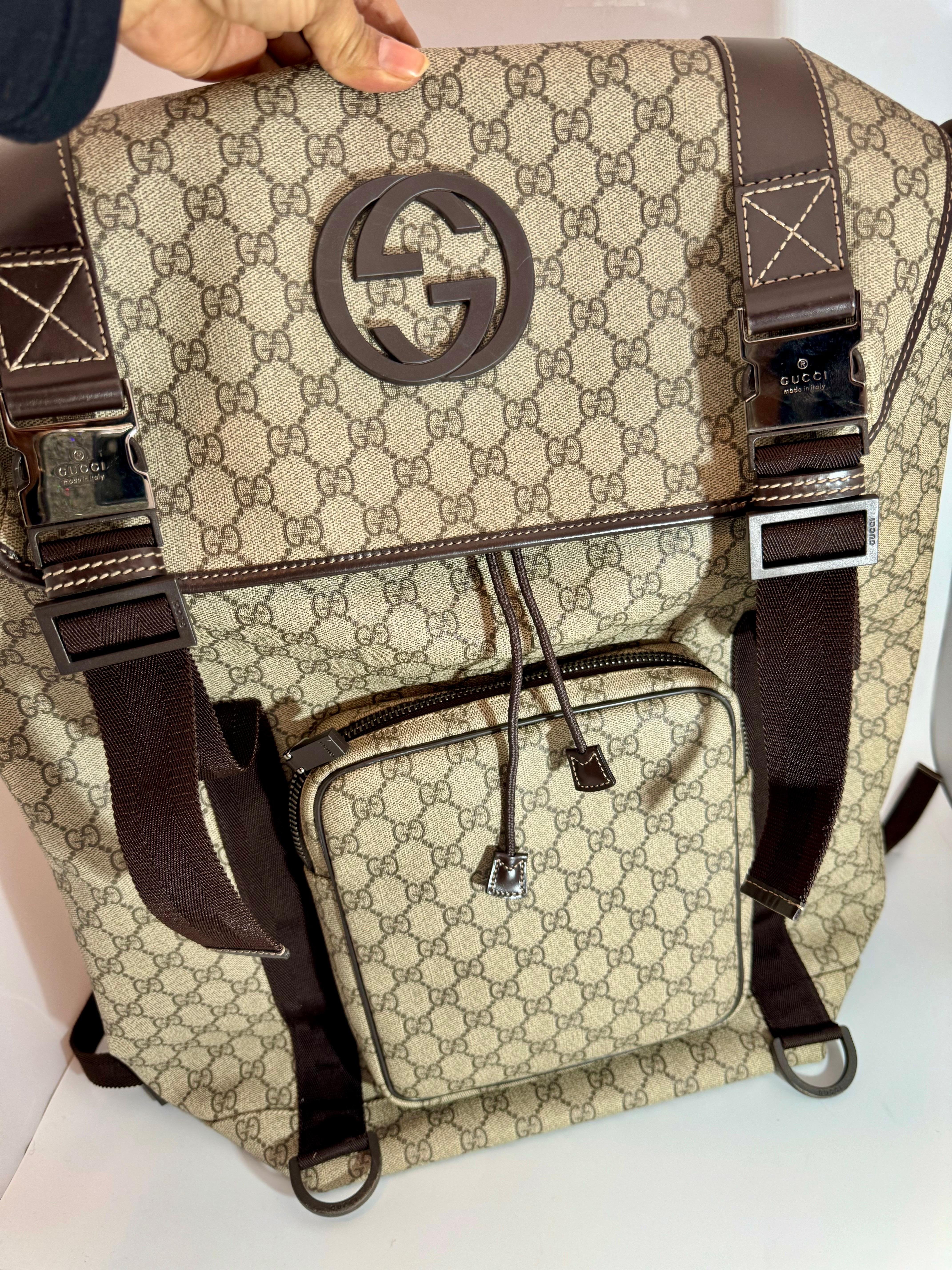 Women's Authentic Gucci Silver GG Coated Canvas Interlocking G Supreme Large Backpack For Sale