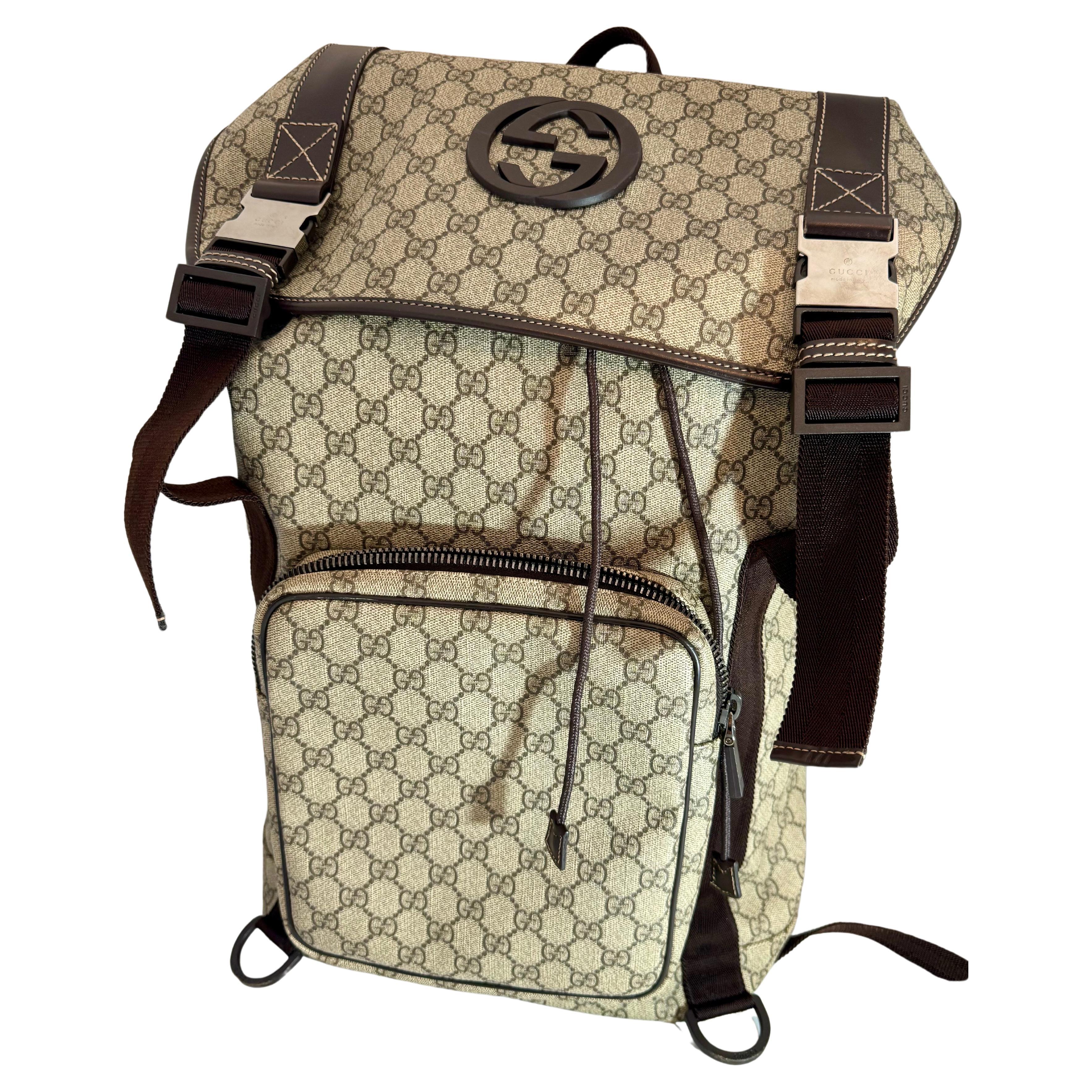 Authentic Gucci Silver GG Coated Canvas Interlocking G Supreme Large Backpack For Sale
