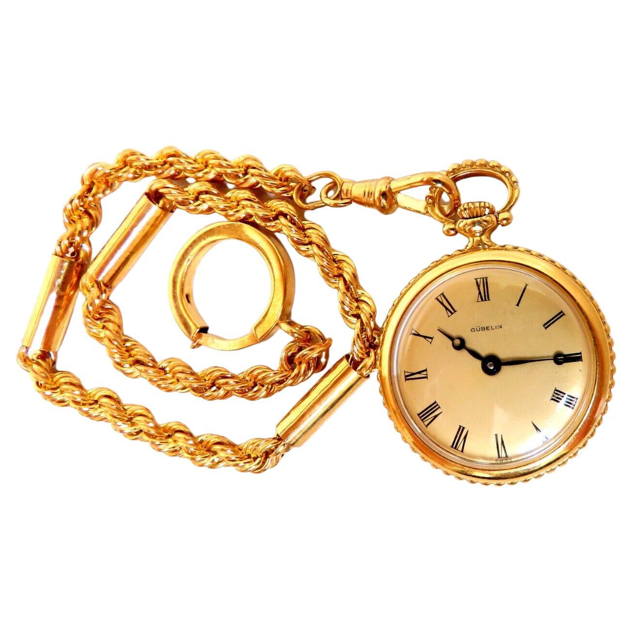 Authentic Gueblin 14 Karat Pocket Watch & Chain For Sale