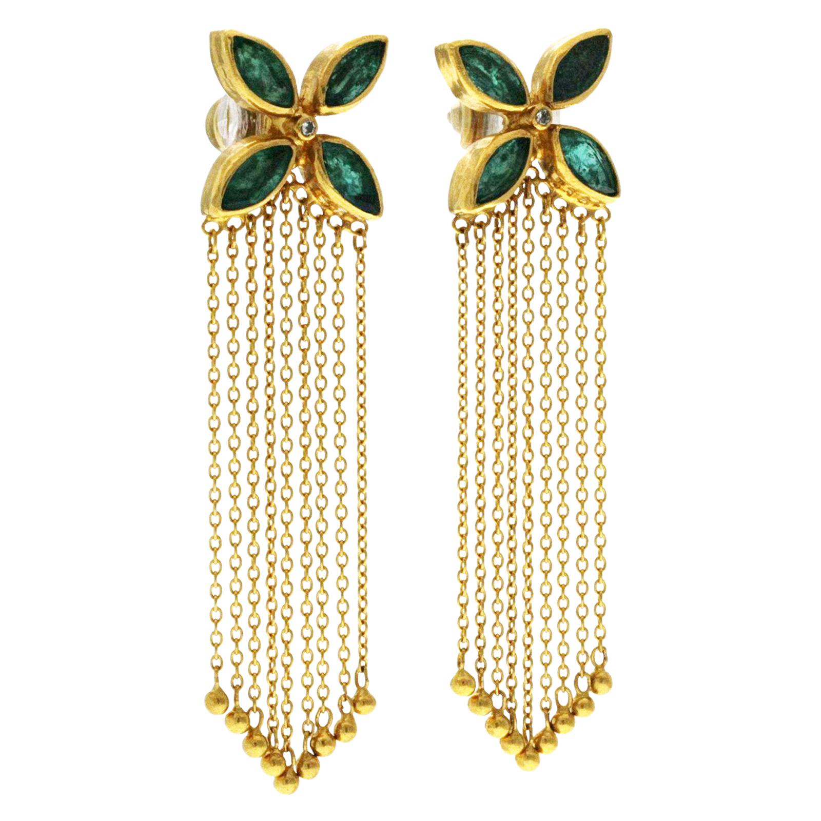 Authentic Gurhan "Tassel" 24 Karat Yellow Gold, Diamond and Emerald Earrings