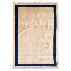 Authentic Hand Knotted Blue Cream Plain Chinese Rug, circa 1940