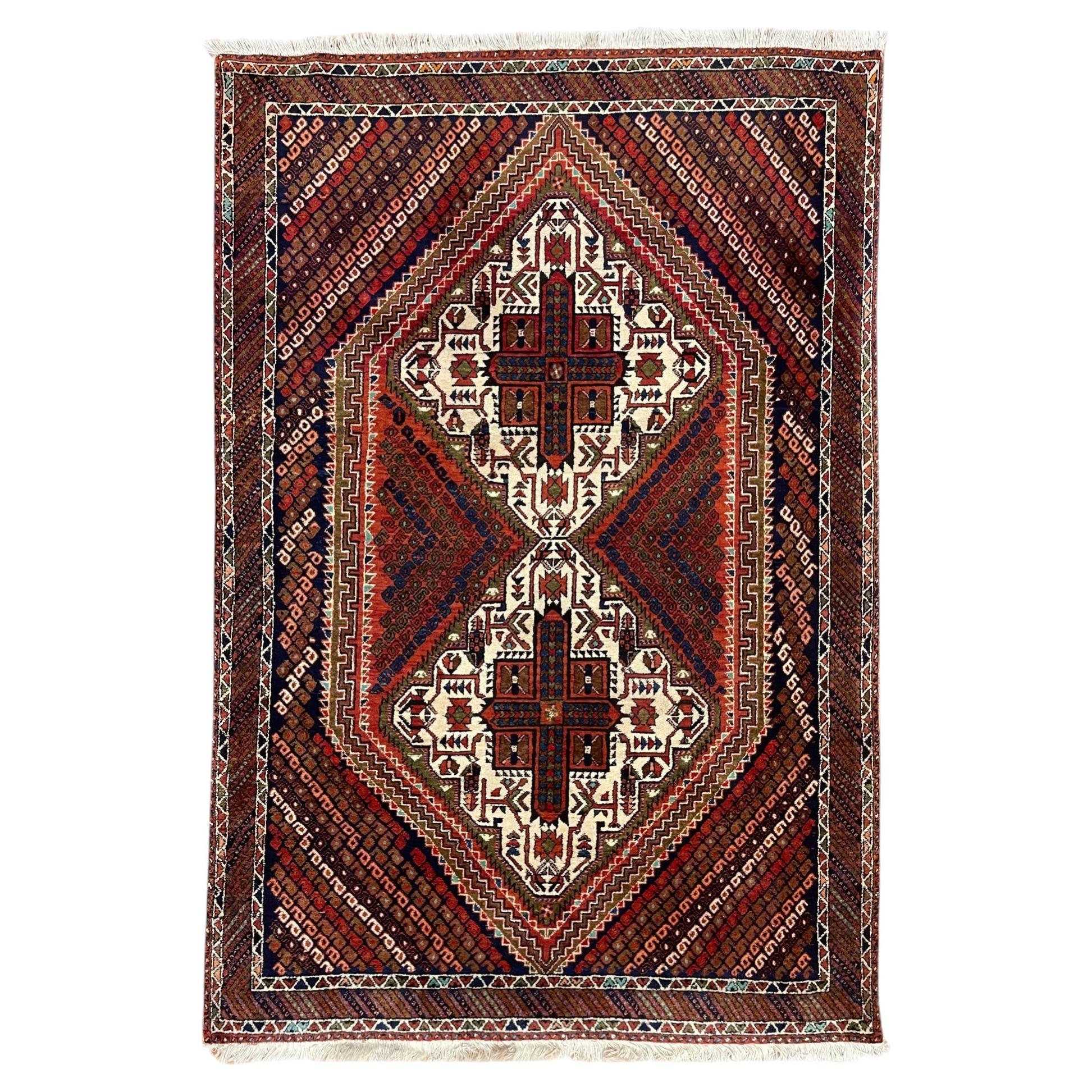 Authentic Hand Knotted Geometric Afshar Rug Circa 1950