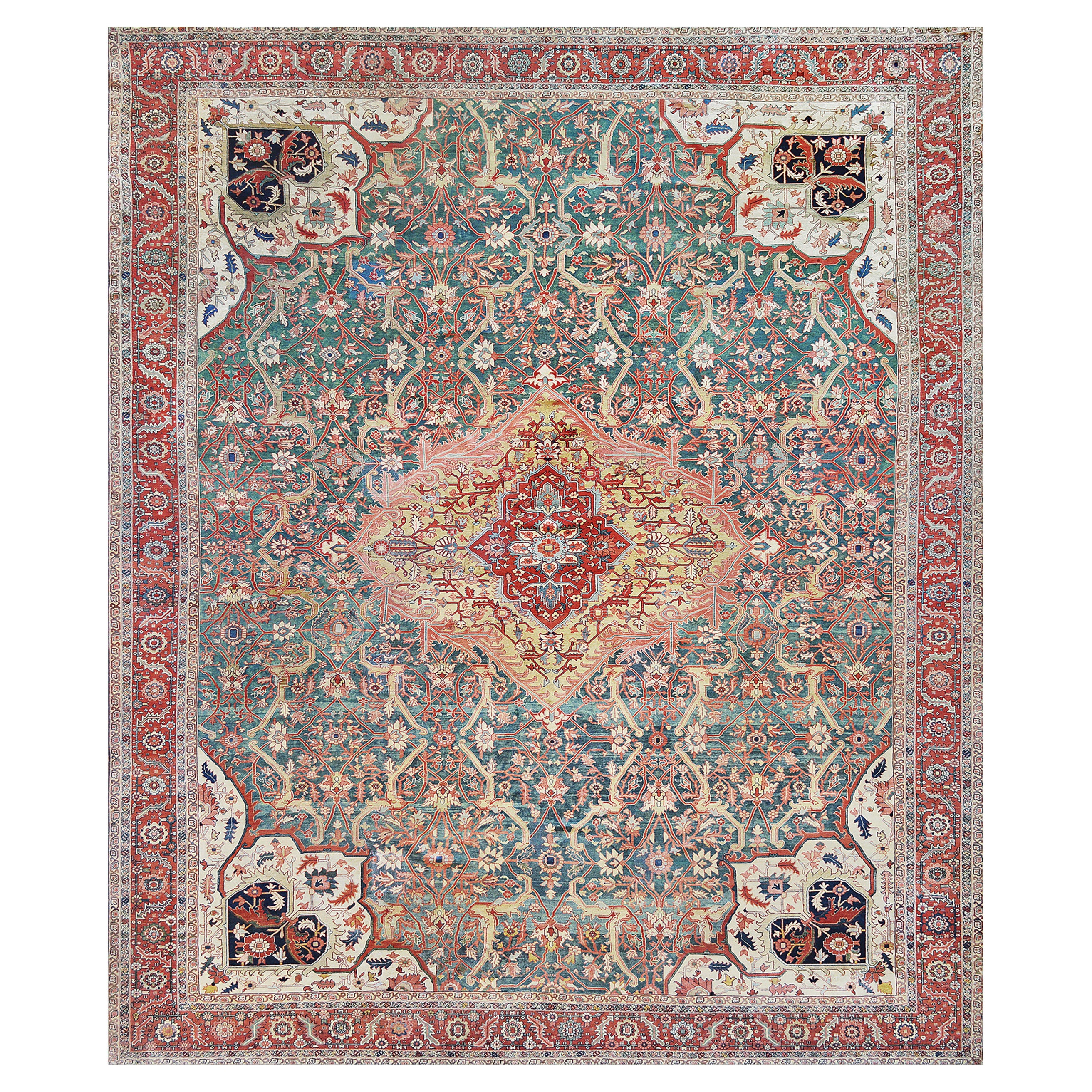 Authentique tapis persan antique en laine noué à la main Serapi en vente
