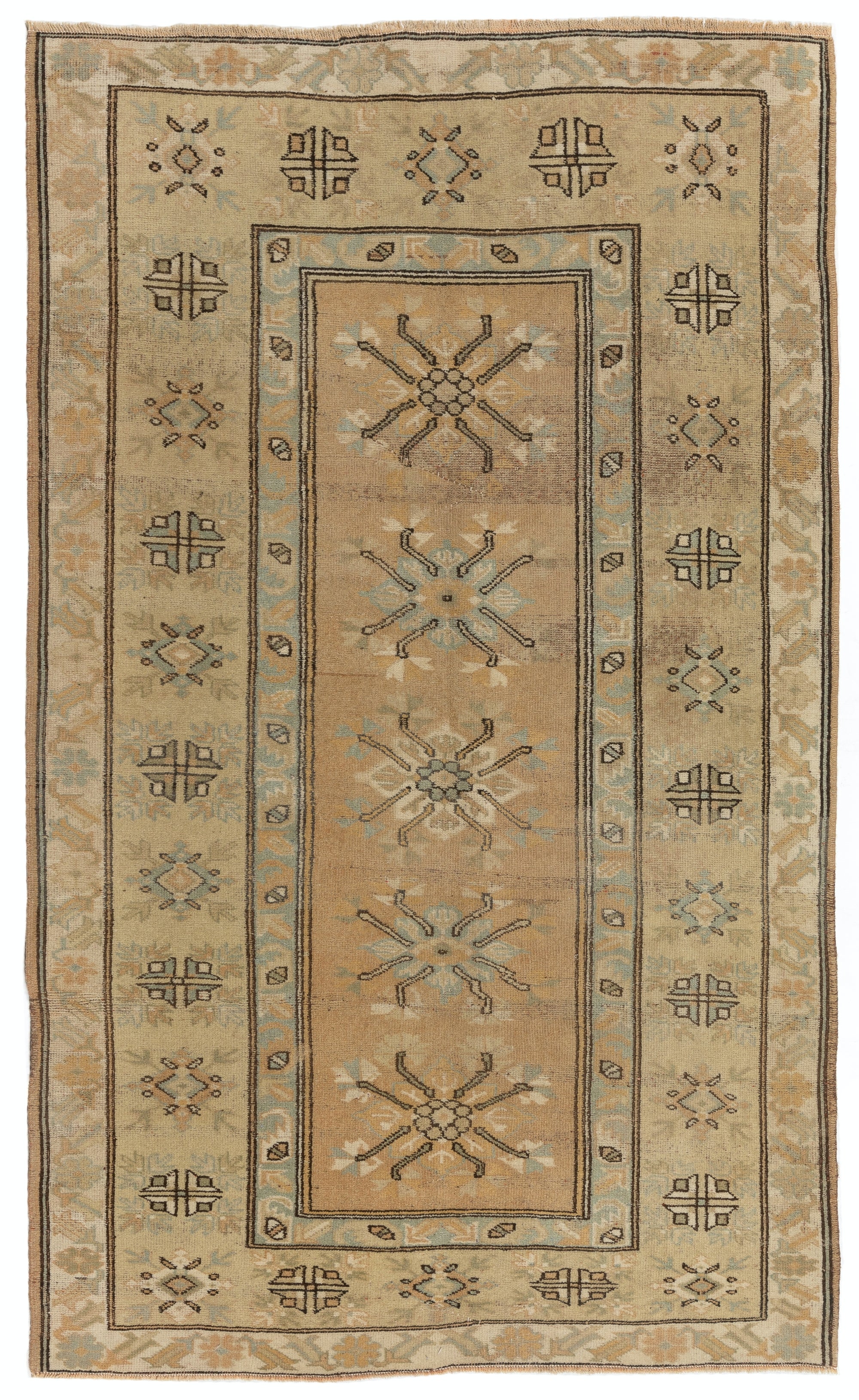 4x6.4 ft Handmade Vintage Turkish Wool Rug with Geometric Patterned