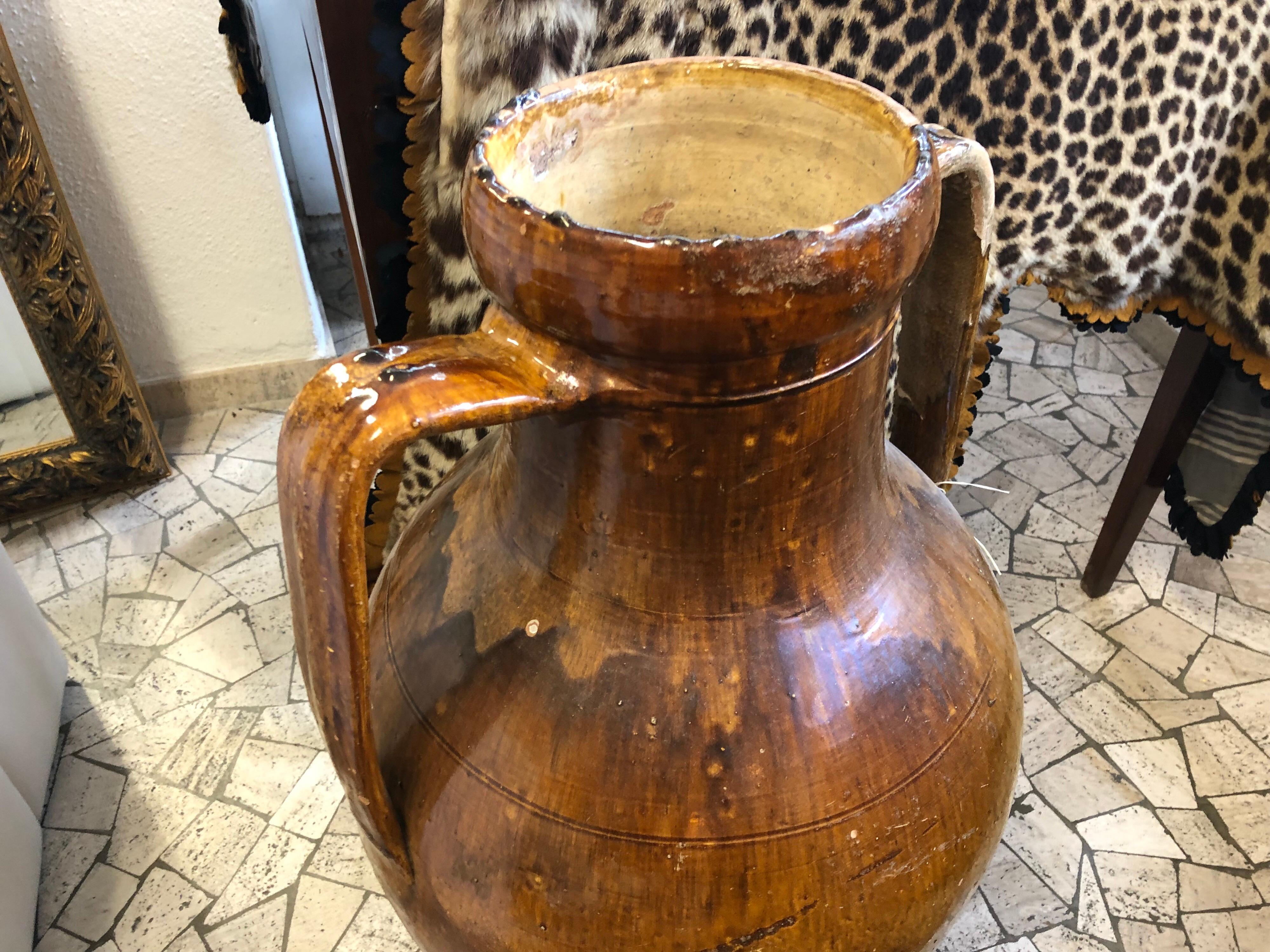 German Authentic Handmade Ceramic Brown Vase or Water Jar, circa 1930