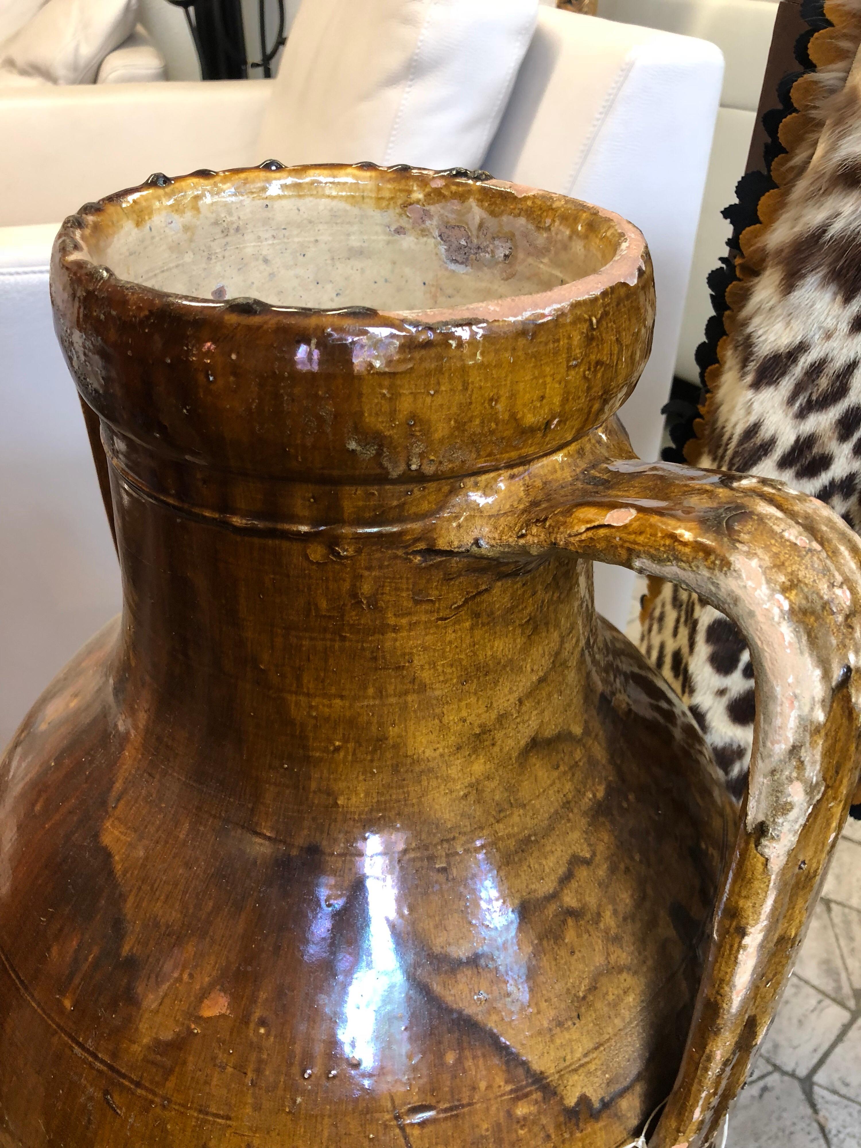 Authentic Handmade Ceramic Brown Vase or Water Jar, circa 1930 In Fair Condition In Sofia, BG