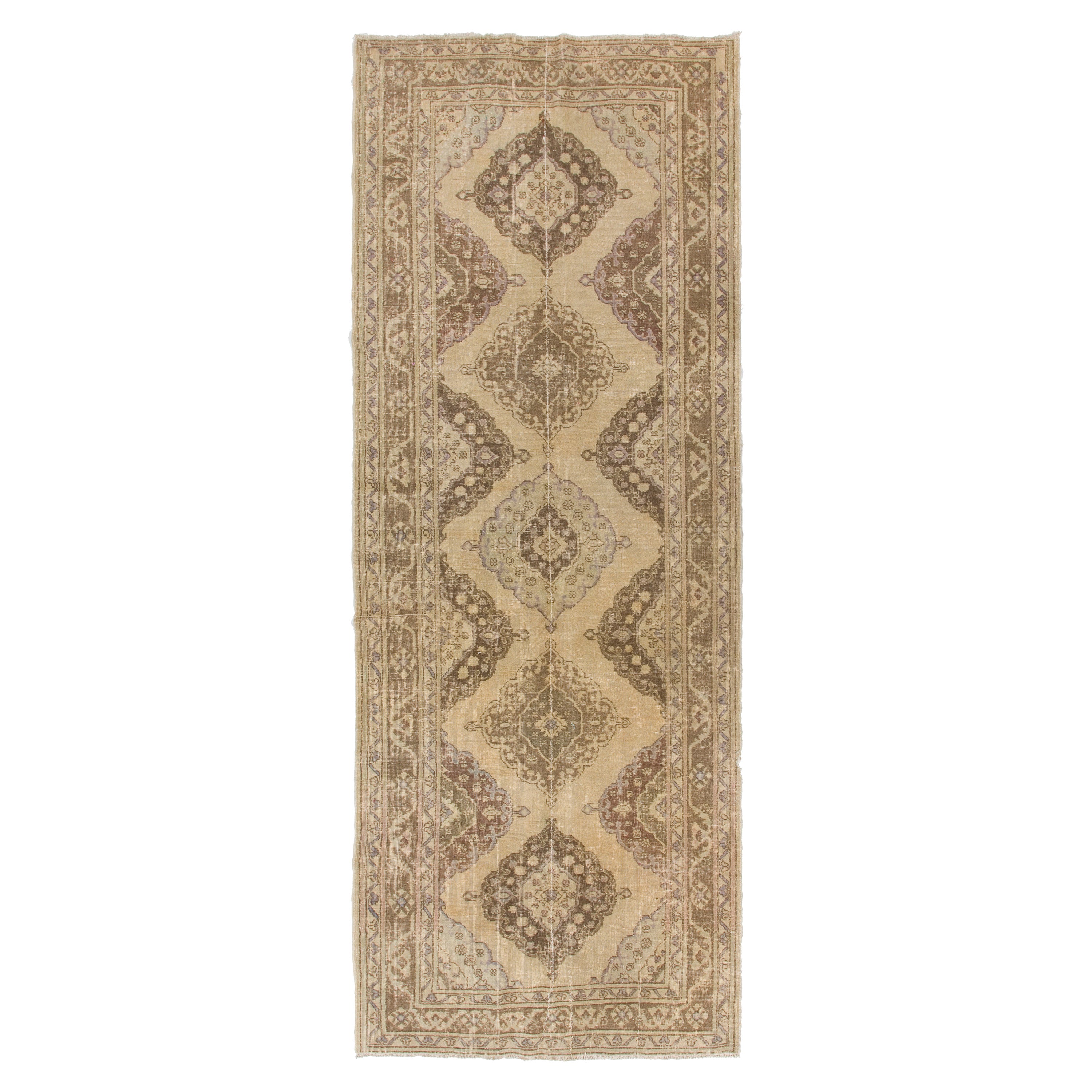 5x12.8 Ft Authentischer handgefertigter Oushak-Läufer im Vintage-Stil in Beige und Braun