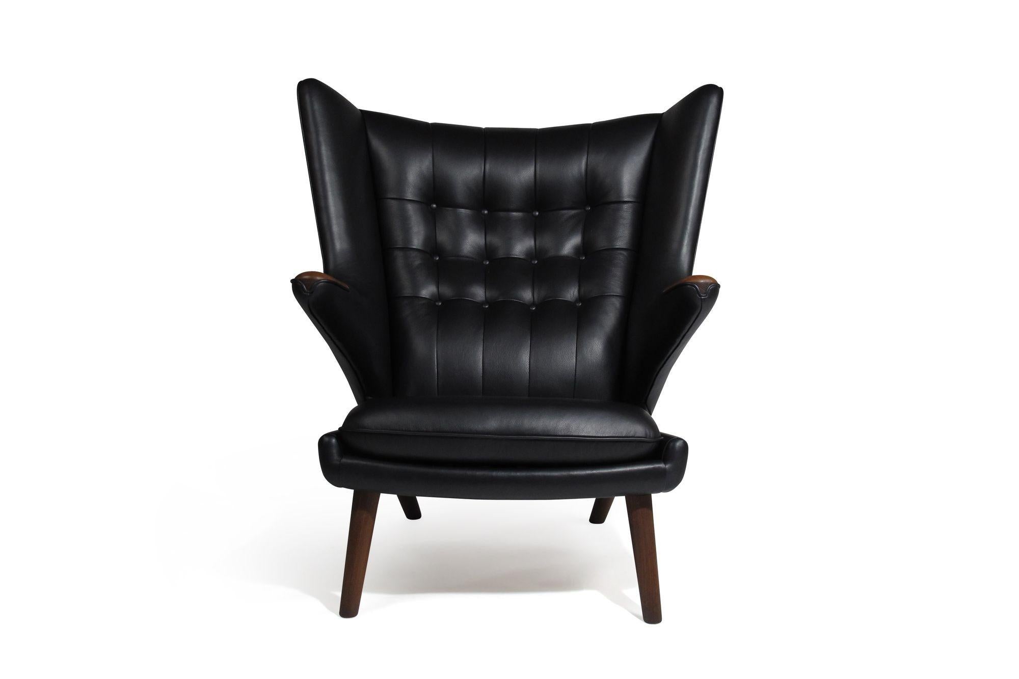 Scandinavian Modern Authentic Hans J. Wegner Papabear Chair AP 19 & Ottoman AP 29 in Black Leather