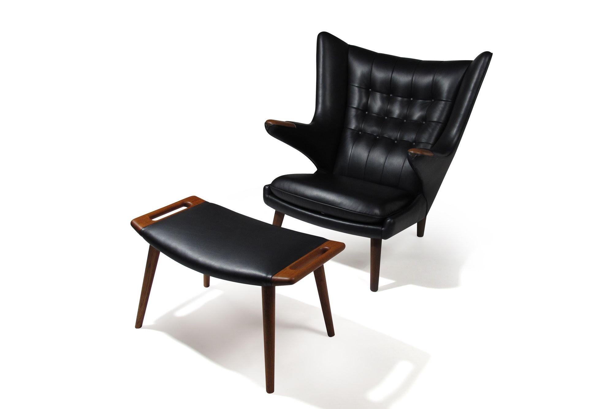Danish Authentic Hans J. Wegner Papabear Chair AP 19 & Ottoman AP 29 in Black Leather