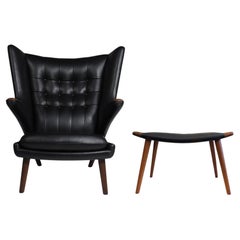 Authentic Hans J. Wegner Papabear Chair AP 19 & Ottoman AP 29 in Black Leather