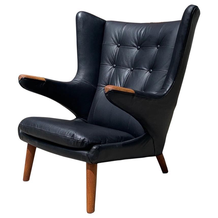 Authentic Hans Wegner "Papa Bear" Lounge Chair in Black Leather
