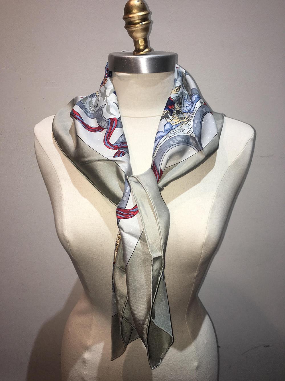 Authentic Hermes Cavaliers Des Nuages Silk Scarf In Gray For Sale at ...