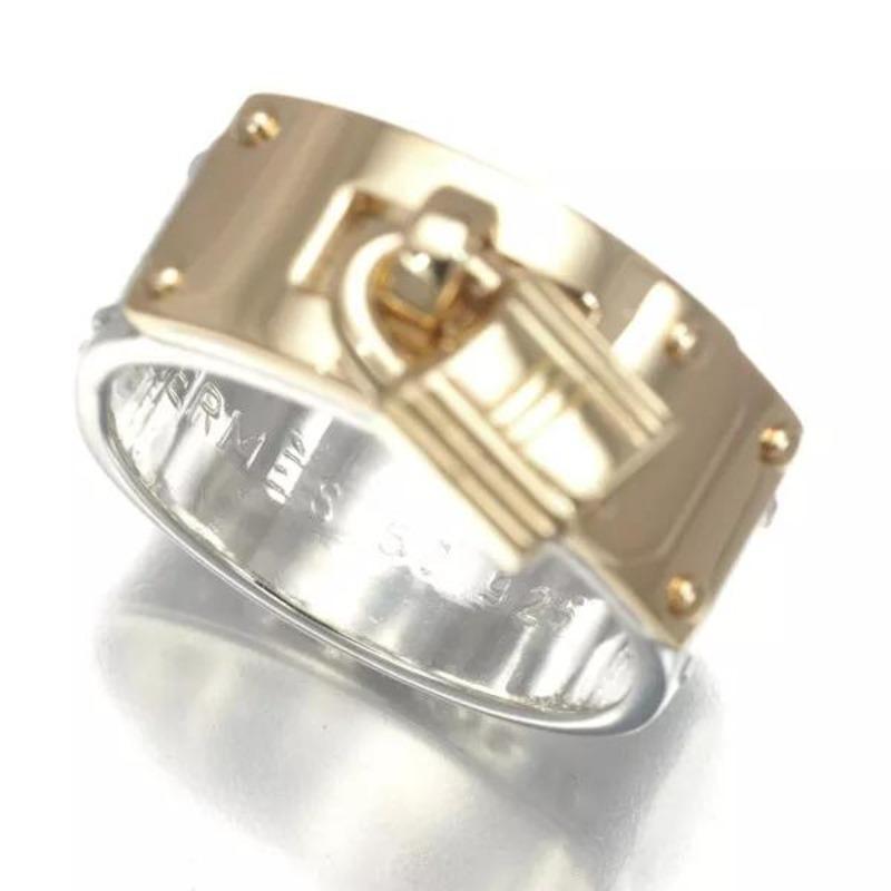 Autentico anello HERMES Kelly Padlock in oro giallo 18 carati e A. Silver In condizioni ottime in vendita a New York, NY
