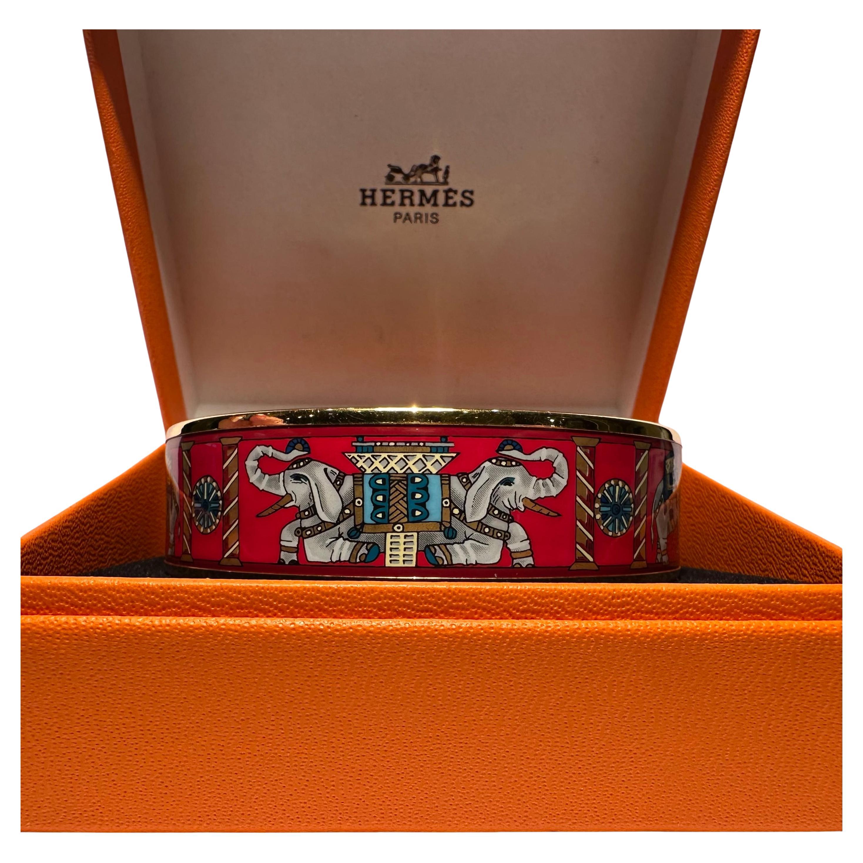 Women's or Men's Authentic Hermes Torana Elephant Vibrant Red & Gold Enamel Wide Bangle Bracelet
