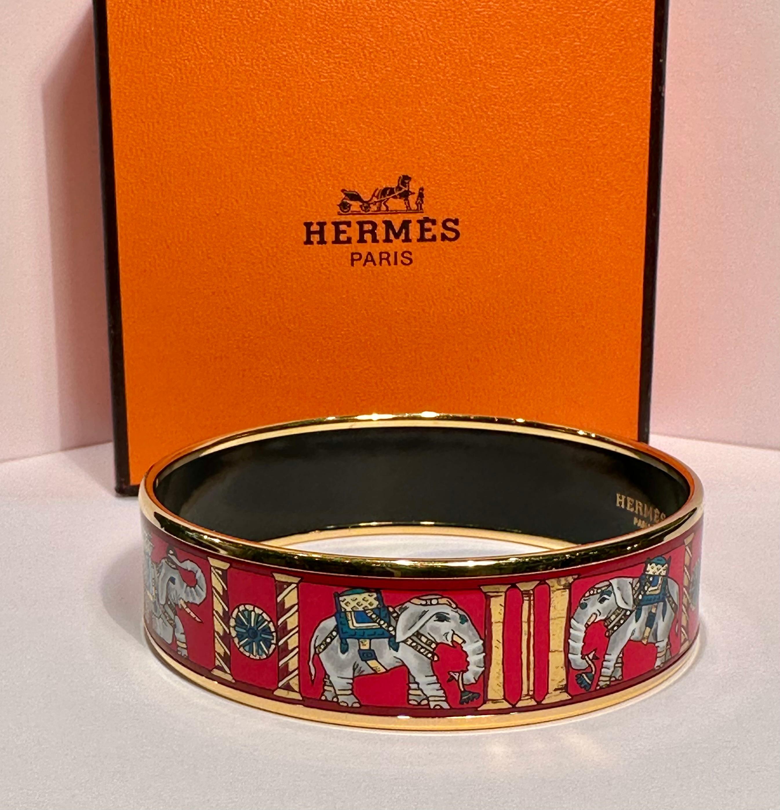 Authentic Hermes Torana Elephant Vibrant Red & Gold Enamel Wide Bangle Bracelet 2