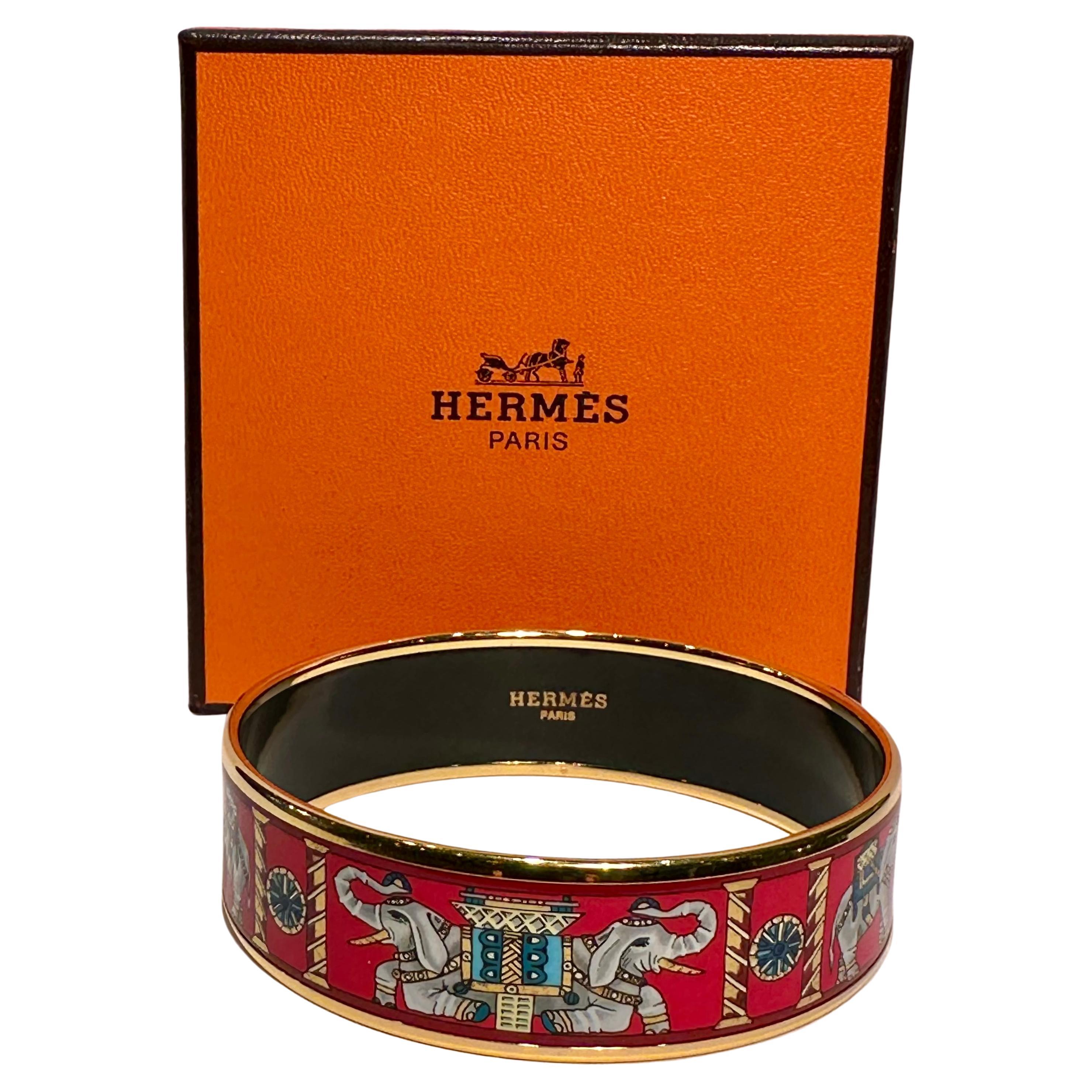 Authentic Hermes Torana Elephant Vibrant Red & Gold Enamel Wide Bangle Bracelet
