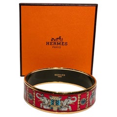 Vintage Authentic Hermes Torana Elephant Vibrant Red & Gold Enamel Wide Bangle Bracelet