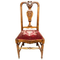 Authentic High Back Carved Walnut Wood Side Chair Velvet Seat, France